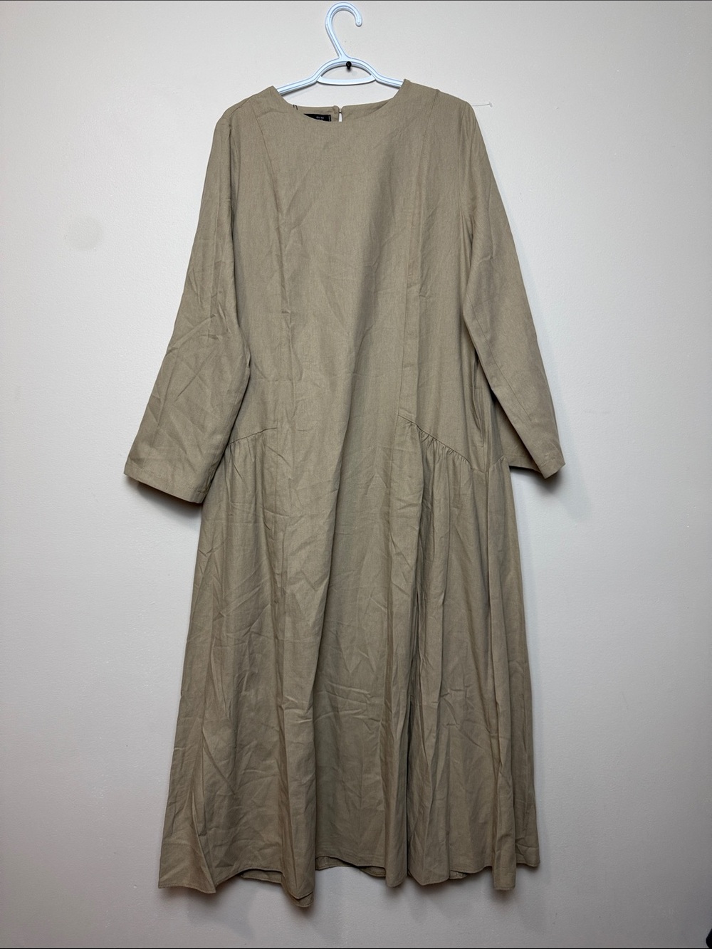 Refka Modanisa Linen Blend Long Sleeve A-Line Dress in Khaki size 12